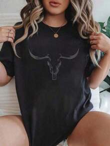 1 Piece Of Women's Vintage T-Shirt, Western Bohemian Style With Cow Skull, Casual Urban Hip-Hop Fashion Style, Summer Top For Women, 180g 100% Cotton. - 黑色 - 查看 6