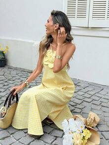 YHHSylviya Vestido maxi con abertura y estampado floral 3D en escote halter, vestido de verano de color amarillo mantequilla para mujer, atuendos de verano, atuendos de vacaciones, atuendos de playa, vestidos de graduación, ropa de verano, vestidos de vacaciones, vestidos de playa, ropa de vacaciones, estilo bohemio, atuendos para salir, vacacionesYHH - Butter Yellow - Ver 5