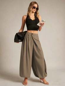 Pantalones casuales de unicolor asimétricos para mujer, pantalones de diseño suelto con cordón, longitud hasta el tobillo con botón y cremallera con pliegues - Caqui - Ver 6