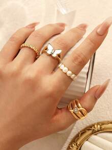 1pc/4pcs 18K Gold Plated Stainless Steel Butterfly Heart Zirconia Exquisite Stackable Rings, Y2K Soft Girl Minimalist Daily Party Jewelry Gift, Open Ring Adjustable Size, Butterfly, Round, Heart-Shaped Zirconia Inlaid, Suitable For Women's Daily Decoration Or Gifting - Yellow Gold - View 1