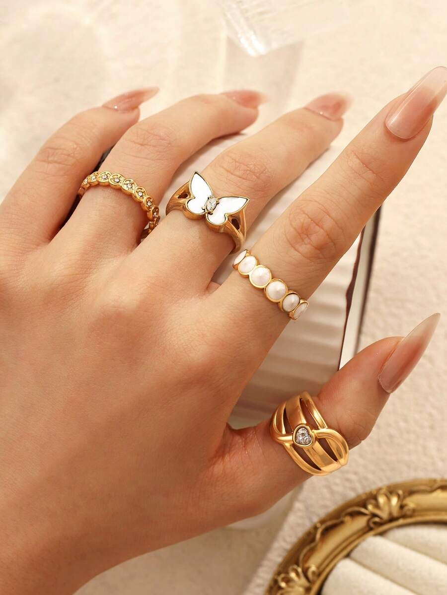 1pc/4pcs 18K Gold Plated Stainless Steel Butterfly Heart Zirconia Exquisite Stackable Rings, Y2K Soft Girl Minimalist Daily Party Jewelry Gift, Open Ring Adjustable Size, Butterfly, Round, Heart-Shaped Zirconia Inlaid, Suitable For Women's Daily Decoration Or Gifting - Yellow Gold - View 1