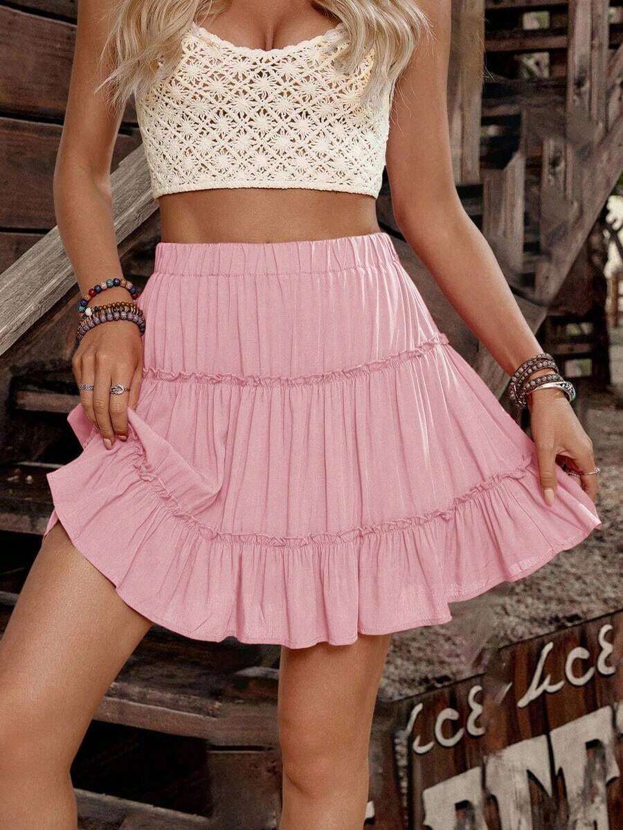 Jsnjjf Falda Casual de Color Sólido con Cintura Elástica y Volantes para Mujer - Rosa Pálido - Ver 1