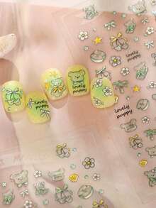 5D Embossed Puppy Nail Stickers, Nail Artist Essential Spring/Summer Sticker, Self-Adhesive Rainbow Bow Floral Nail Art Decor, 1 Sheet - Green - View 7