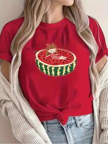 | 1 Playera para Mujer 100% Algodón Transpirable| Camiseta gráfica de sandía amarilla brillante para mujeres - Casual de manga corta y cuello redondo, lavable a máquina, perfecta para vacaciones de primavera/verano y diversión al aire libre - Ideal para el veranoPure-Cotton - Rojo - Ver 8
