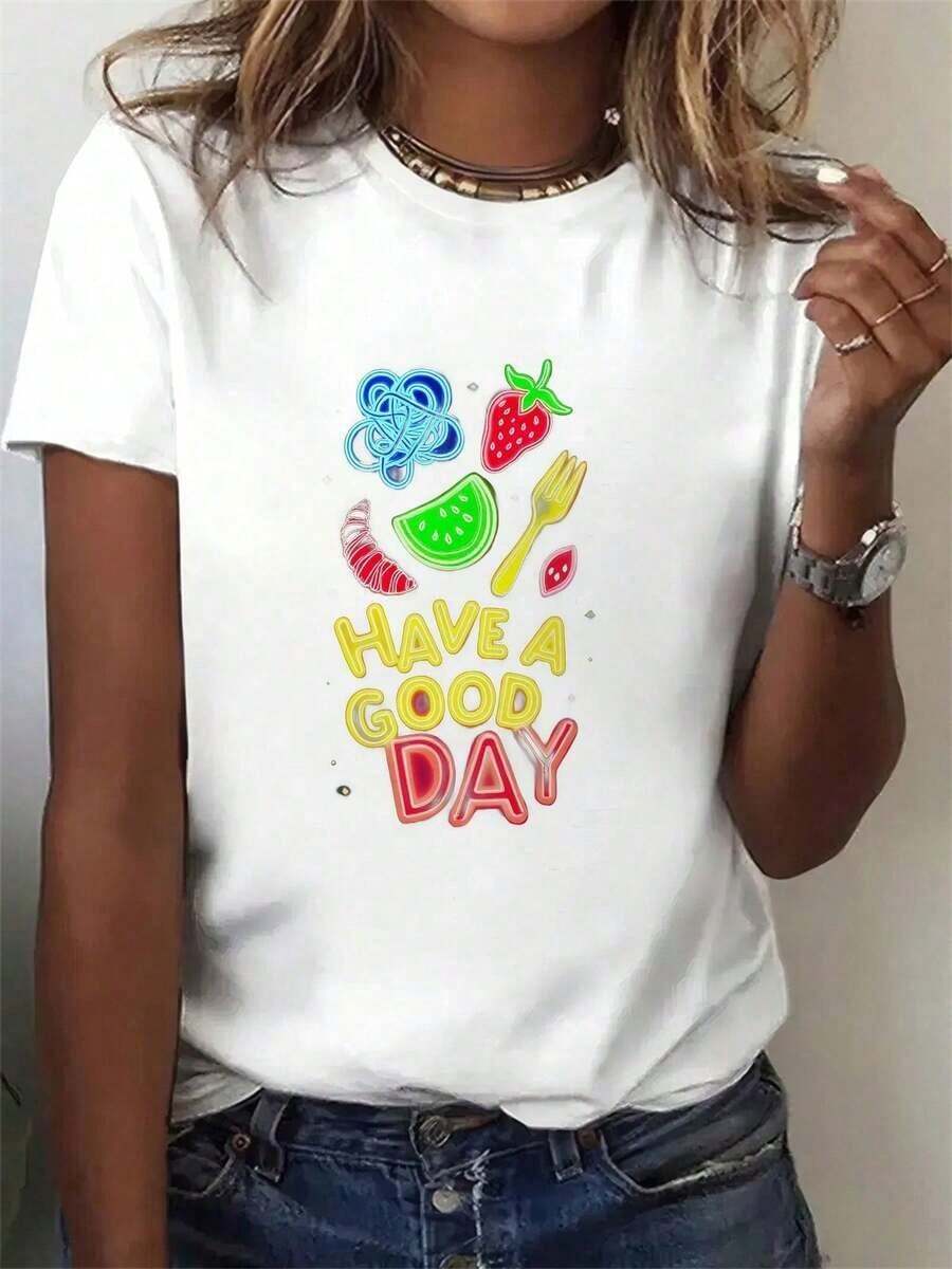 FashionNEW - Women's Neon Print Crew Neck T-Shirt 'Have A Good Day' - Bright And Cheerful Short Sleeve Summer T-Shirt, Soft And Comfortable Fabric, Casual Wear, Ladies' T-Shirts - Vintage Urban Style, Unisex Cotton Short Sleeve Crew Neck T-Shirt - 白色 - 查看 1