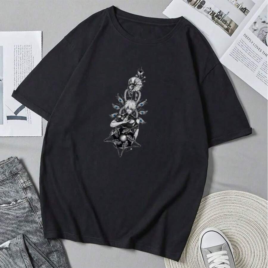 Camiseta unisex Gojoss con estampado retro de anime y dibujos animados, ideal para el verano, estilo casual y corte holgado. - Negro - Ver 1