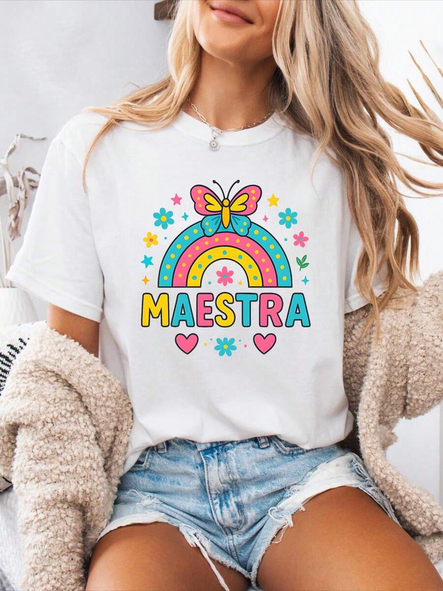 Camiseta de moda con letras en español para mujer, estampado con eslogan de marca de moda, manga corta, estilo latinoamericano primavera/verano 2026, top de algodón puro con cuello redondo, camiseta casual de vacaciones con estilo moderno. - Blanco - Ver 1