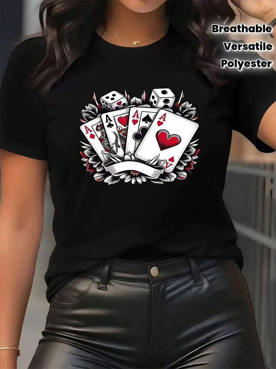Camiseta de manga corta con estampado de naipes para mujer - Estilo deportivo casual, suave y transpirable, 95% poliéster 5% spandex 180g, personalidad fresca y única, moderna y llamativa, prenda de moda versátil. - Negro - Ver 1