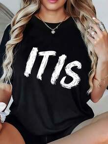 1 Pieza, 180gsm, Camiseta De Cuello Redondo De Poliéster - Camiseta Estampada De Modara Mujer - Blusa Casual De Manga Corta Y Cuello Redondo - Ligera Y Transpirable Para El Ar De Primer Round Neck Printed Short Sleeve Casual Everyday T-Shirt, They Are Excellent Gifts For Friends And Family,100% Cotton T-Shirts Feature, A Youthful And Fashionable Design blusas para mujer camisa - Negro - Ver 6