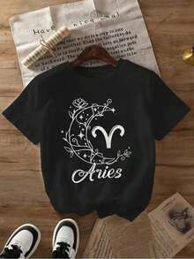 Algodón Camiseta Gráfica Del Zodiaco Aries Para Mujer-Top Informal Negro De Manga Corta Con Cuello Redondo, Mezcla Ligera, Lavable Aáquina. Para Primavera Y Verano. % Algodón. Blusas Para Mujer Camisa - Negro - Ver 7