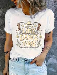 ropa de mujer Conjuntos Western para Mujer Camiseta Gráfica de Vaquera Western para Mujer - Es hora de baile en línea, atuendo de fiesta de música country con sombrero de vaquero y estrellas - Top de manga corta con cuello redondo de tela elástica, ropa vintage para mujer, conjuntos de vacaciones para mujer, camisas de mujer - Blanco - Ver 5