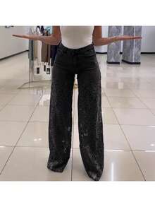 Pantalón de mezclilla nuevo de primavera-verano para mujer, tiro alto, corte ancho, de moda, elegante, versátil, con encaje calado, caída fluida, diseño favorecedor, perfecto para looks de día, oficina y ocasiones informales - Negro - Ver 7