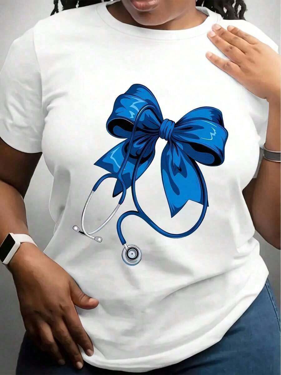2026Women'S Nurse-Themed Christmas Graphic T-Shirt - Blue Bow Stethoscope Print,, Stretchy, Round Neck, Casual Style, Perfect For Holiday Celebrations, Nurse Christmas ShirT-Shirt- Oversized - Blanco - Ver 1
