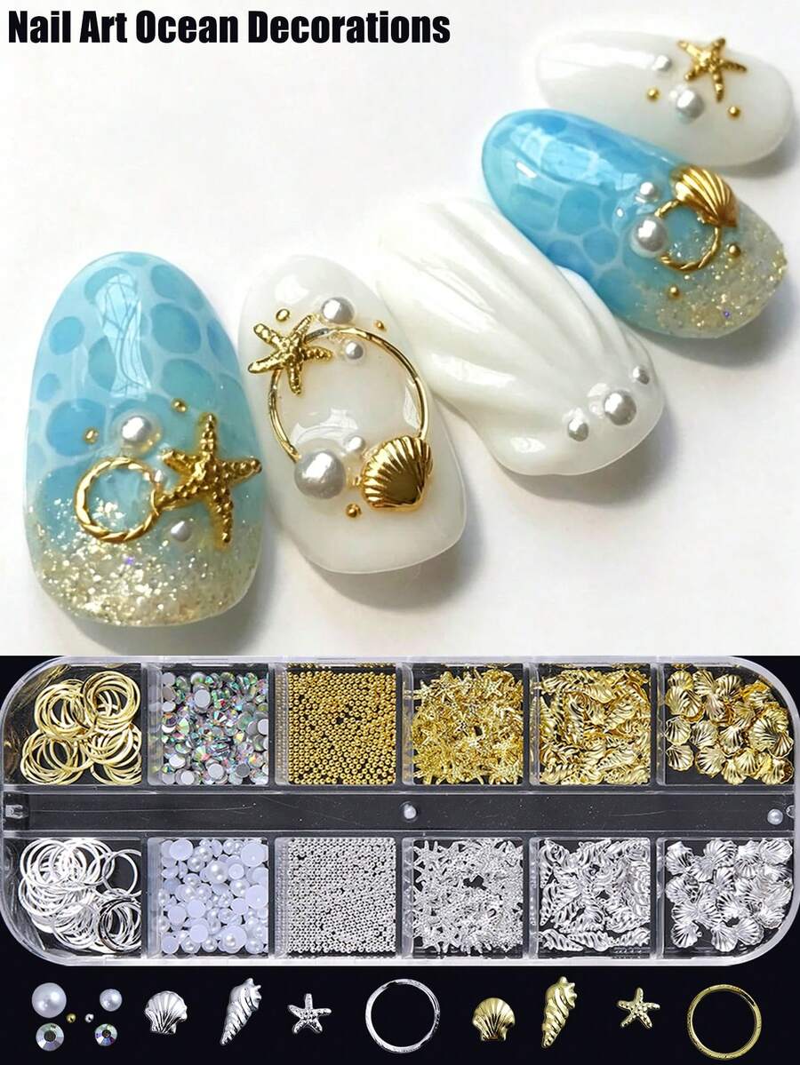 3D金属美甲装饰品，12槽金属合金海洋世界美甲配件，配有闪亮贝壳珠和气泡，DIY美甲用品，扁平白色珍珠搭配银色水钻，适合美甲 - 彩色 - 查看 1