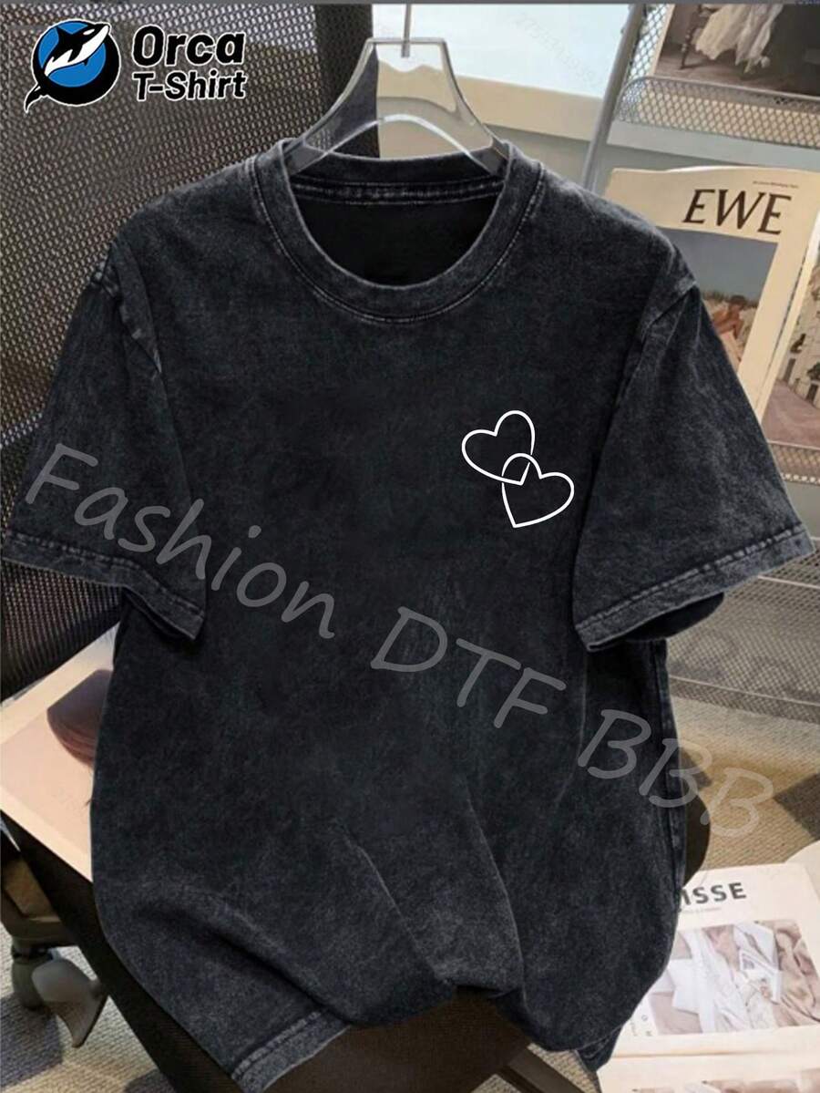1 camiseta con diseño de doble corazón, hecha de algodón lavado de alta calidad, camiseta de la marca Orca, a la moda, adecuada para uso diario, un artículo popular, perfecto para regalar a familiares y amigos en días festivos como Pascua, Día de la Madre y Día de la Independencia. 180g 100% Algodón - Negro - Ver 1