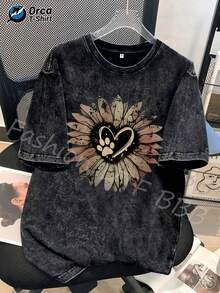 T-Shirt With Sunflower Paw Print And Pet Heart Print, High Quality Batik Cotton Vintage Fashion Brand T-Shirt, Women's T-Shirt, Spring And Autumn T-Shirt For Women, Gift For St. Patrick's Day, Easter Gift, Holiday Gift, 180g 100% Cotton. - 黑色 - 查看 6