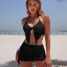 Traje de baño de dos piezas de color sólido, moderno y en stock para mujer, conjunto de bikini de tres piezas. - Juego de tres piezas blanco 9328 - Ver 4