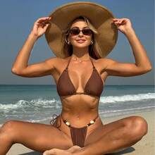 Bikini sexy sin espalda de color sólido con tiras ajustables y cuello halter con cuentas bikiniTEMU - Marrón oscuro - Ver 3