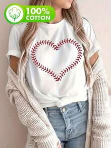 - Camia de diseño de corazón con costura de béisbol para mujer de  - Cuello redondo casual, manga corta, parte superior con diseño gráfico de corazón rojo y guante, mangas ribeteadas blancas, forro blanco, comodidad para todas las estaciones. 100% Algodón Ideal para regalar. Camisetas para mujer, camisetas para hombre, camisas > Elegantes. Estilo bohemio. Blusas suaves, transpirables y cómodas para mujer, ideales para primavera, verano y otoño, perfectas para vacaciones, viajes y uso diario, y para ver partidos. - Blanco - Ver 7