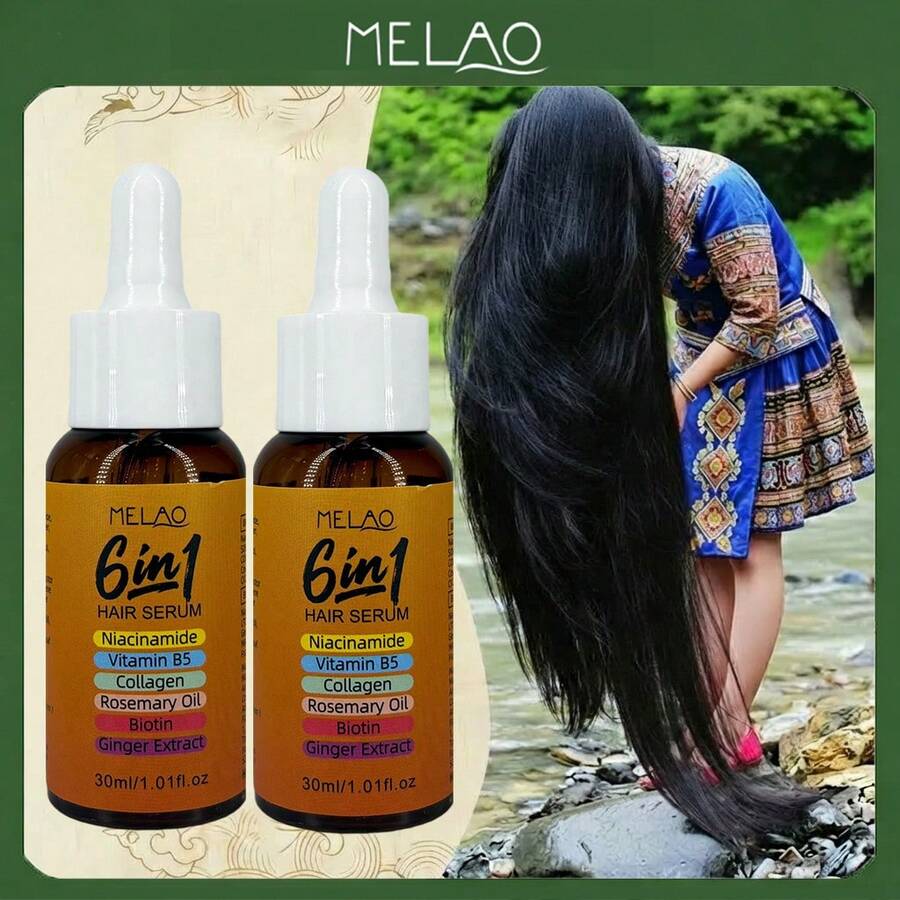 2瓶装 MELAO 6合1护发精华液 30毫升，滋养头皮及头发，蕴含烟酰胺、维生素B5、胶原蛋白、迷迭香油、生物素和生姜提取物，强韧发丝，减少毛躁，增添光泽，适合所有发质。 - 2個 - 查看 1