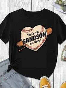 Elegante y casual para mujer, manga corta, camiseta de béisbol, estampado de corazón y bate de béisbol para el Día de la Madre, "Ese es mi nieto ahí fuera", ropa casual blanca para primavera y verano. - Negro - Ver 3