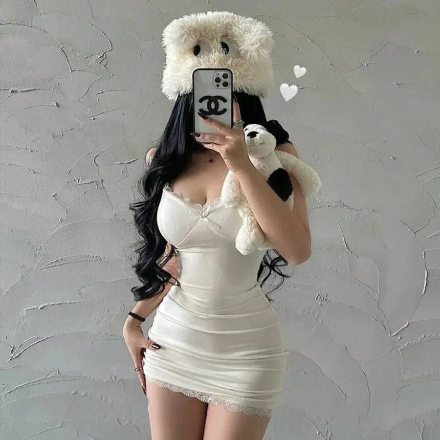 Vestido con tirantes de encaje para mujer, primavera y verano, con almohadillas para el pecho, falda Sexy ajustada y elegante con cuello bajo en la cadera - Albaricoque - Ver 1