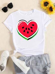 Camiseta Casual para Mujer, Básica, de Cuello Redondo, con Estampado de Corazón y Sandía, para Eventos de Verano y Temporada de Festivales de Frutas, 100% Algodón, Resistente - Blanco - Ver 1