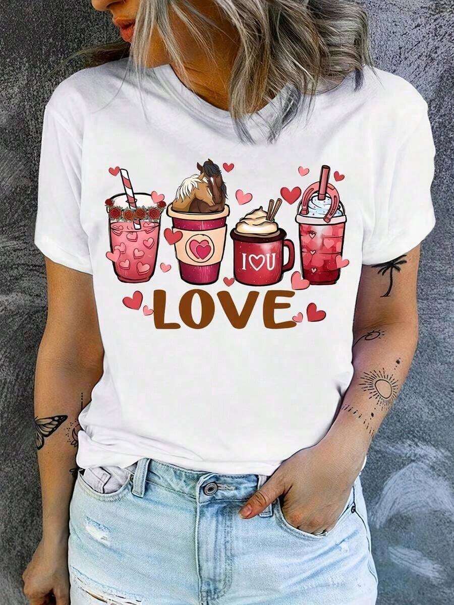 1 pieza clásica y versátil, camiseta corta de algodón puro con estampado de motivos para amantes del café, ideal para usar en cualquier estación.Estilo moderno - Blanco - Ver 1