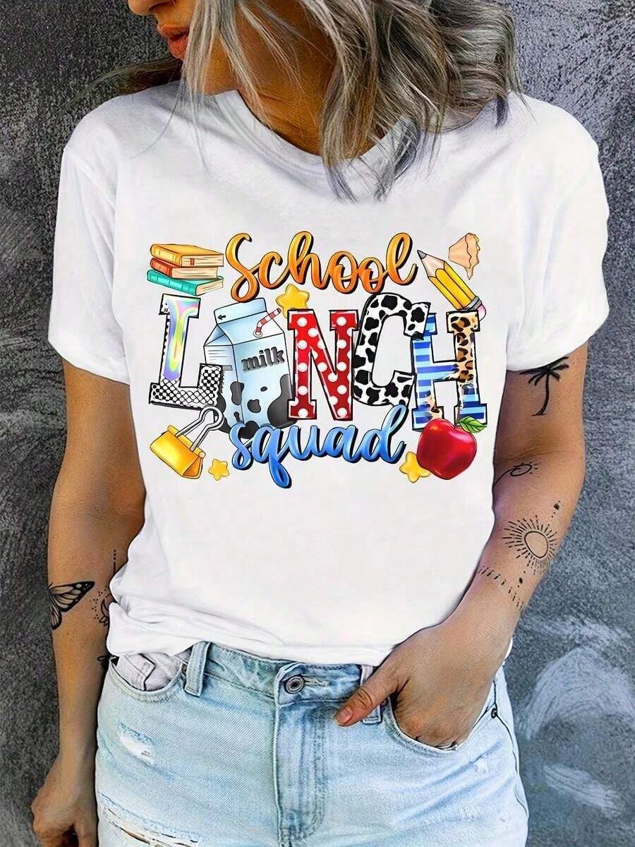 1 pieza clásica y versátil, camiseta de manga corta de algodón puro con estampado del equipo escolar de almuerzos, ideal para usar en todas las estaciones.Estilo moderno - Blanco - Ver 1