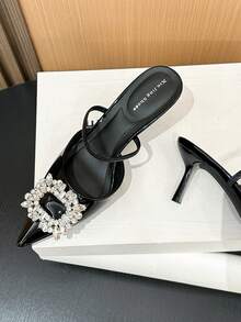 Xin Jing Shoes 女士优雅尖头水钻搭扣露趾凉鞋，性感时尚绑带通勤派对中跟凉鞋 - 黑色 - 查看 12