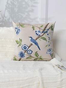 1件現代極簡米色花卉與鳥類刺繡枕套，春夏花卉刺繡裝飾枕套，適合室內裝飾，四季通用，不含枕芯 - 米色 - 查看 2