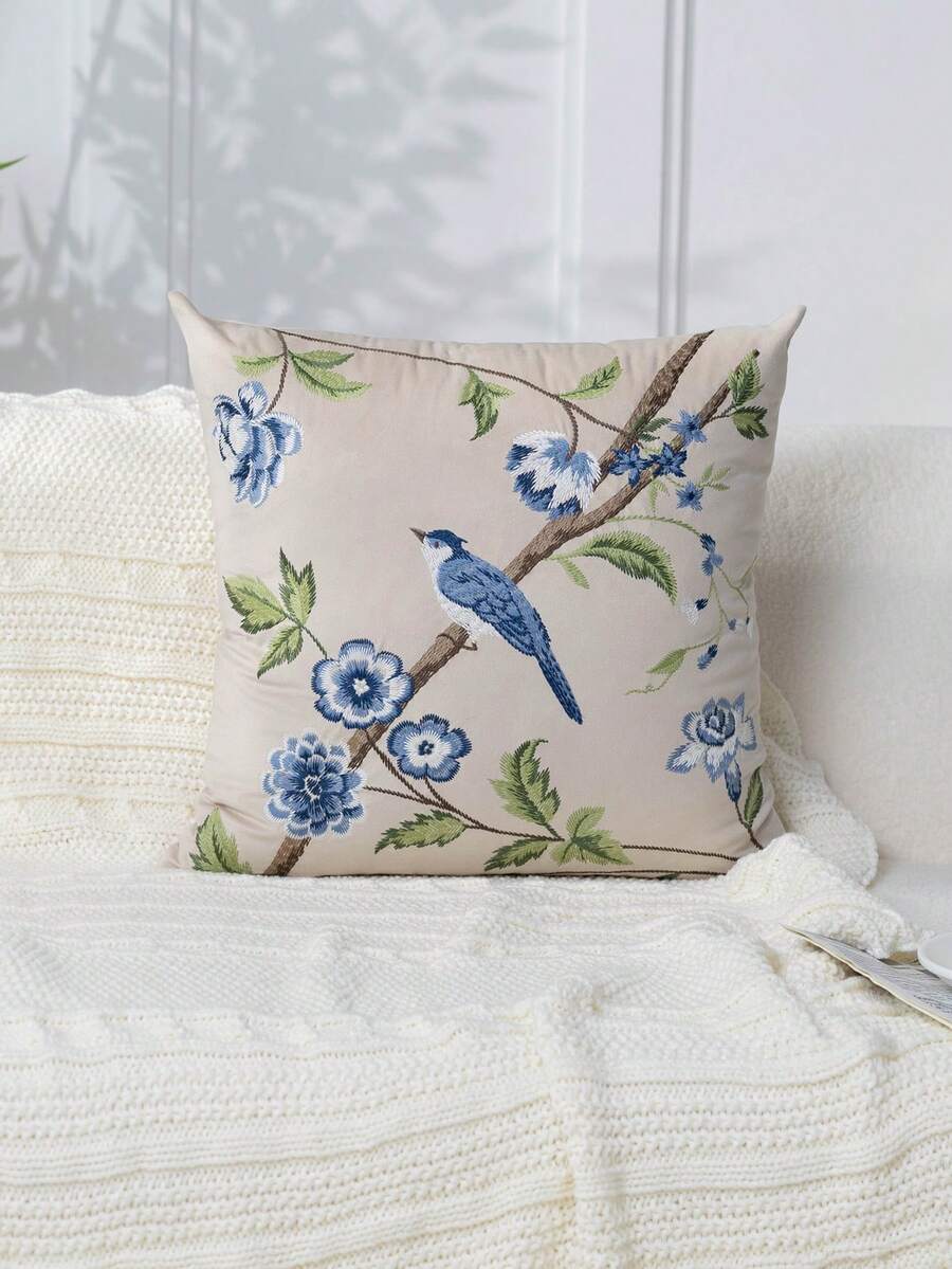 1件現代極簡米色花卉與鳥類刺繡枕套，春夏花卉刺繡裝飾枕套，適合室內裝飾，四季通用，不含枕芯