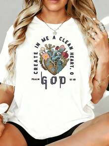 Crea en mí un corazón limpio, oh Dios, Salmo 51:10, Camiseta religiosa para mujeres cristianas con diseño de corazón floral, 180g, para ocio en casa, al aire libre, regalo para el Día de San Valentín o fiesta. - Blanco - Ver 7