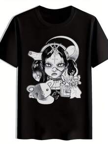 Camiseta negra de estilo gótico para mujer con estampado de oso y muñeca, cuello redondo, manga corta, estilo callejero retro oscuro, declaración de personalidad misteriosa y linda, uso diario casual, atuendo para fiestas de verano, regalo de cumpleaños, top estampado.camisas de mujer sudaderas para mujer sueter blusa casual mujer verano vestidos de graduación - Negro - Ver 1