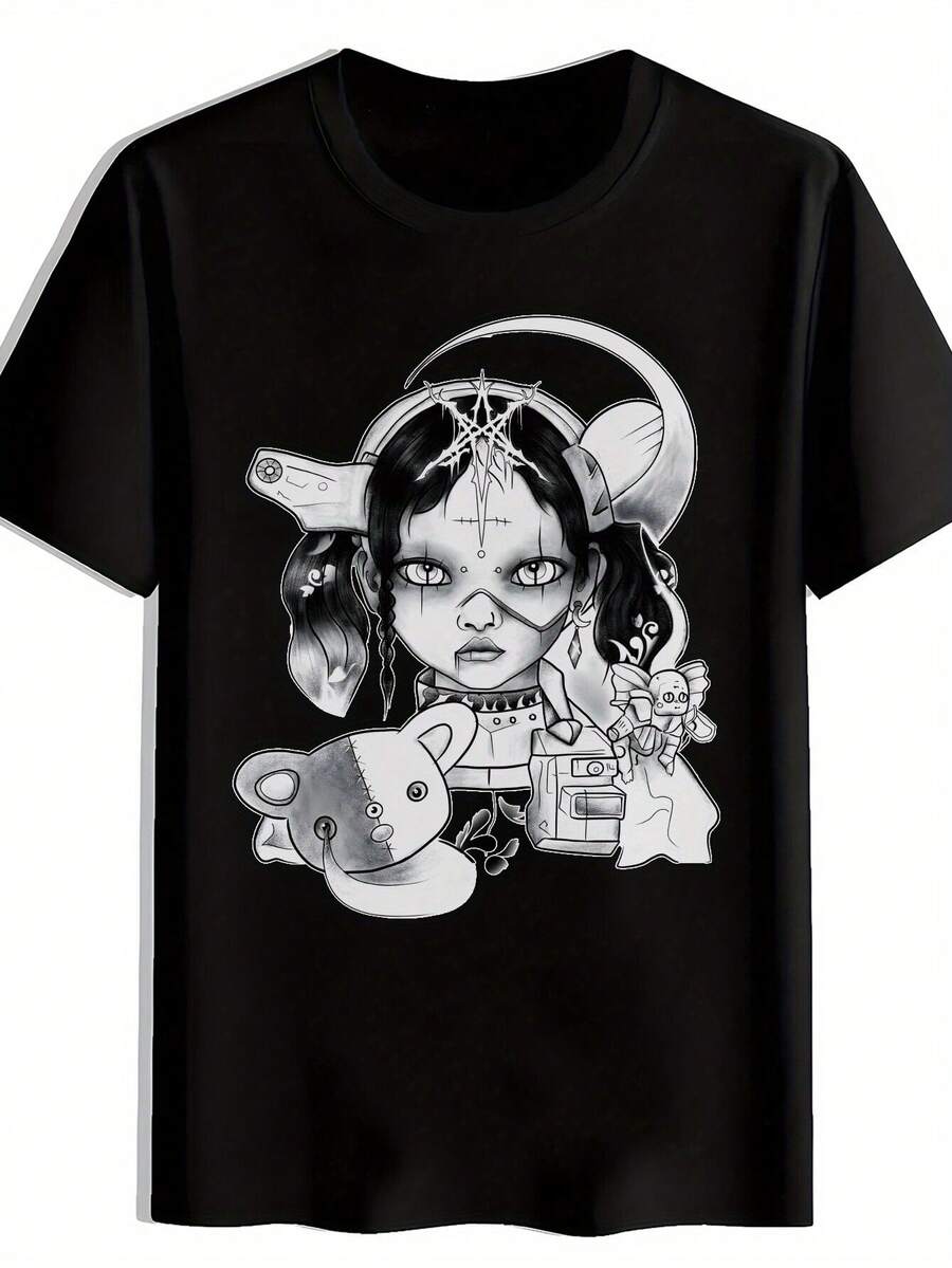 Camiseta negra de estilo gótico para mujer con estampado de oso y muñeca, cuello redondo, manga corta, estilo callejero retro oscuro, declaración de personalidad misteriosa y linda, uso diario casual, atuendo para fiestas de verano, regalo de cumpleaños, top estampado.camisas de mujer sudaderas para mujer sueter blusa casual mujer verano vestidos de graduación - Negro - Ver 1
