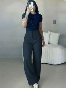 Pantalones anchos de cintura alta y ajuste delgado para mujer, estilo callejero bohemio, adecuados para uso casual, ir al trabajo y vacaciones en primavera/verano en color blanco - Azul 2 - Ver 7