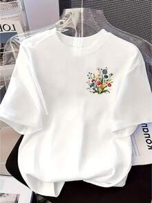 Camiseta de Mujer con Estampado Floral |   Manga corta, cuello redondo, estilo casual, ajuste cómodo, diseño clásico con estampados florales brillantes, adecuado para todas las estaciones, ropa casual, diseño floral bordado, camisa blanca de novia. - Blanco - Ver 8