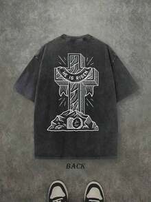 Camiseta Retro Lavada con Estampado a Doble Cara (Camiseta de 230 g de Algodón Puro) con Estampado de Letras 'HE IS RISEN' y Patrón de Cruz, Camiseta para Hombre, Casual, Cómoda, a la Moda, Estilo Urbano de Algodón - Negro - Ver 2