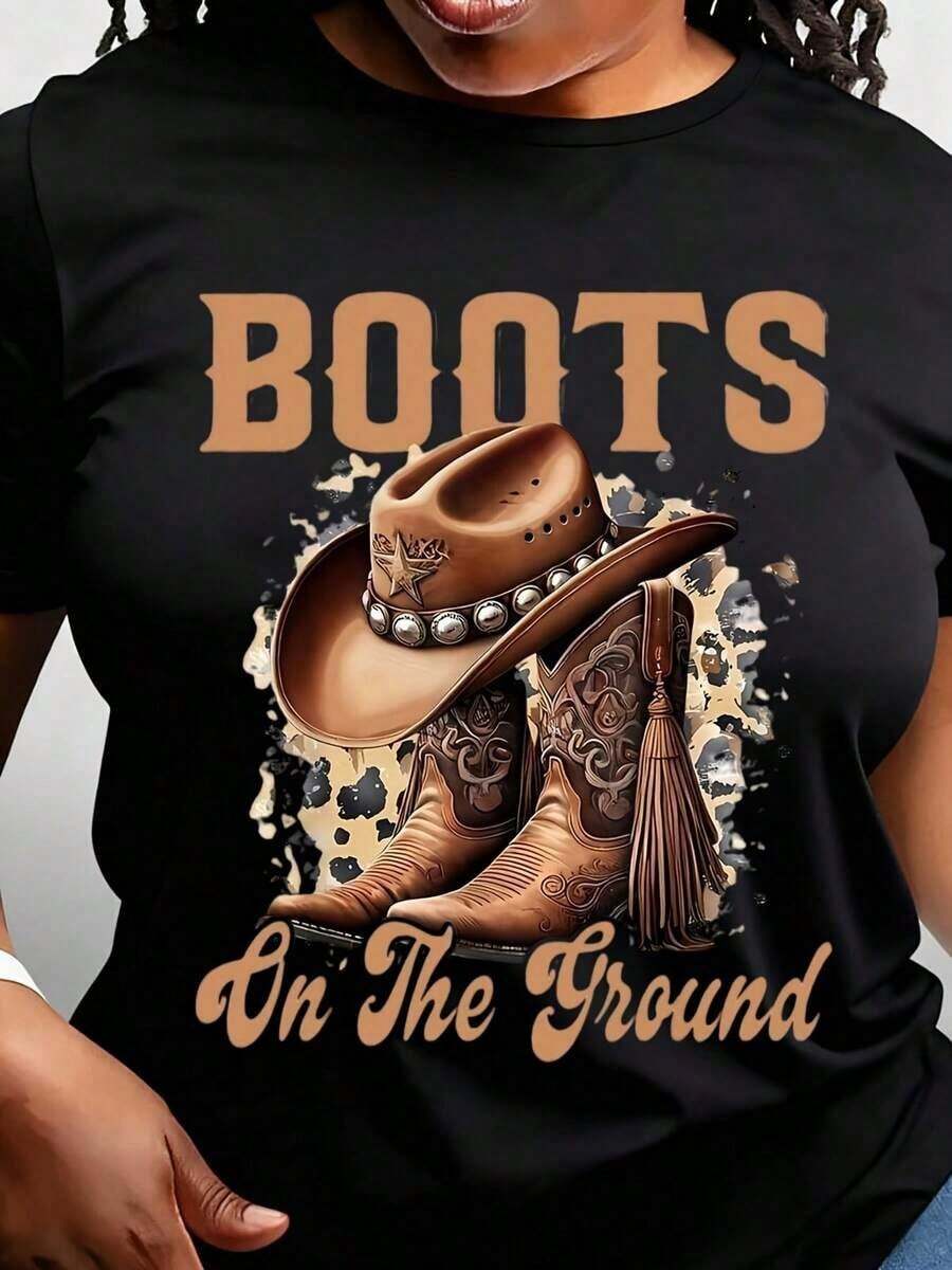 Camiseta Retro de Vaquera Occidental para Mujer - Diseño de Botas de Vaquero y Sombrero con Gráfico de Matador de Toros, Camiseta de Manga Corta de Algodón Suave con Cuello Redondo para Festivales de Música Country, Eventos de Rodeo y Atuendos Casuales de Estilo Occidental (Blanco) - Negro - Ver 1