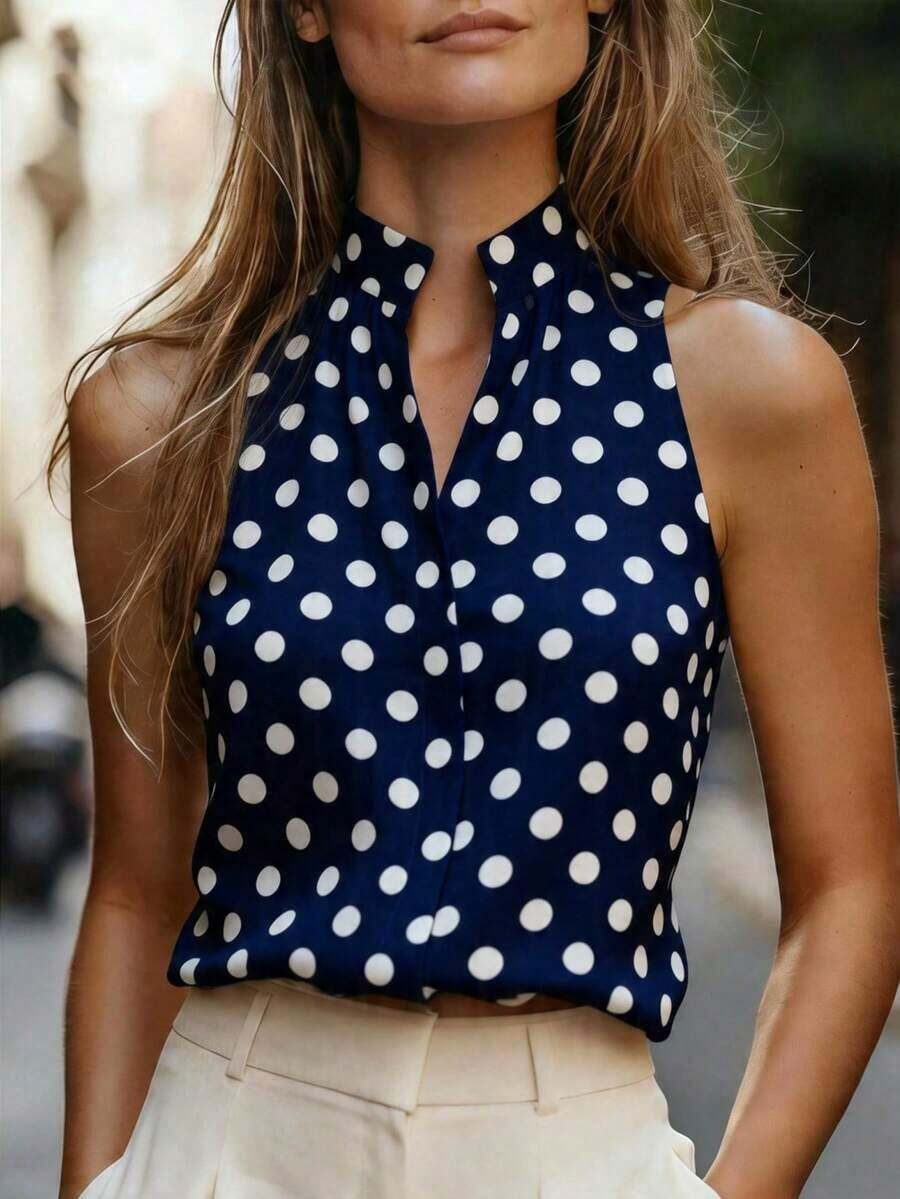 Blusa de mujer casual sin mangas con estampado de lunares, cuello en V, top de mujer, camiseta de mujer, con lunares, retro, diaria, de verano, de vacaciones - Azul - Ver 1