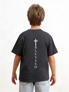 Tween Boy Casual Funny Print Crew Neck Short Sleeve T-Shirt, Summer Top - Dark Grey - View 3