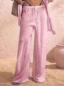 Pantalones anchos de verano para mujer con cintura anudada y unicolor - Rosa - Ver 6