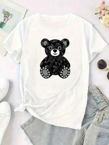 100% cotton 1pc blusas de mujer blusas bonitas para mujeres ropa de mujer conjuntos para mujer Oso geométrico camiseta 180g negro y blanco algodón patrón estampado oso corbata impresión algodón alta calidad cuello redondo ajuste básico holgado hombres y mujeres transpirable versátil lavable a máquina cómoda talla S ~ 3XL diario casual deportes imprescindible verano - Blanco - Ver 2