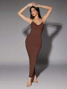 Vestido ajustado unicolor de espalda abierta - Café integral - Ver 3