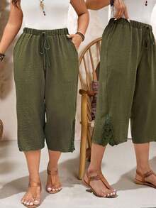 Pantalones capri informales de talla grande de un solo color - Verde militar - Ver 10
