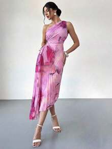 Vestido de mujer nuevo con estampado de teñido anudado asimétrico, cintura hueca, volantes en el bajo y un solo hombro, vestido elegante y romántico para citas y vacaciones, vestido de verano para mujer, tono de color suave, adecuado para atuendo de playa - Rosa Pálido - Ver 6