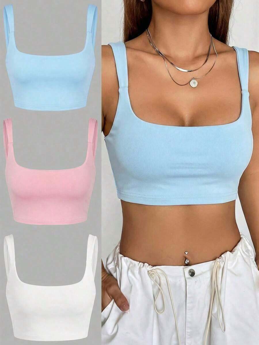3 piezas Camiseta de tirantes de unicolor y corta para mujeres - Multicolor - Ver 1