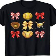 Camiseta exclusiva para el Día de la Independencia/Día del Padre con dise?o de pelota blanda decorada, ideal para mamás aficionadas a la pelota blanda, para el Día de la Madre. Camiseta con estampado retro de pelota blanda con bate de béisbol y lazo. Tejido grueso de 180 g/m2. Mismo estilo para hombres y mujeres. Camiseta estampada de manga corta para verano de 2025. Color liso. 220 g. - Negro - Ver 1