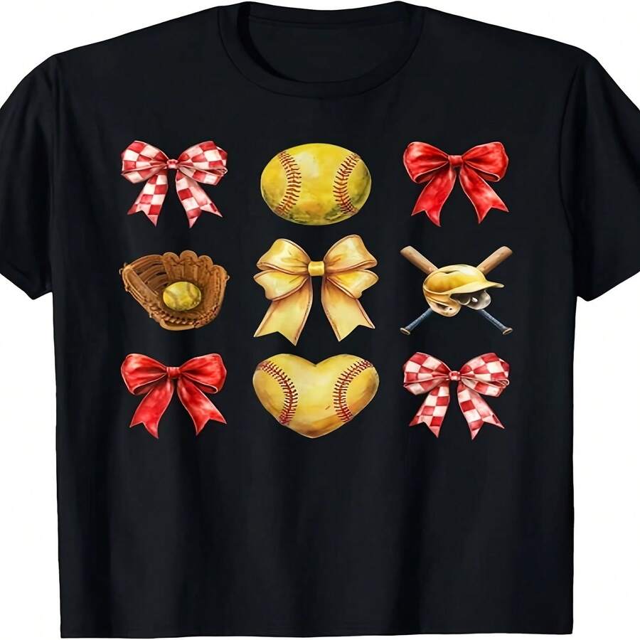 Camiseta exclusiva para el Día de la Independencia/Día del Padre con dise?o de pelota blanda decorada, ideal para mamás aficionadas a la pelota blanda, para el Día de la Madre. Camiseta con estampado retro de pelota blanda con bate de béisbol y lazo. Tejido grueso de 180 g/m2. Mismo estilo para hombres y mujeres. Camiseta estampada de manga corta para verano de 2025. Color liso. 220 g. - Negro - Ver 1