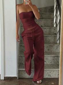Conjunto de 2 piezas de ropa de otoño Vaiaye: Top corto ajustado y sexy sin tirantes, camiseta básica de unicolor elástica y ajustada, top tipo bandeau para yoga; Conjunto de pantalones para primavera/verano - Morado - Ver 11